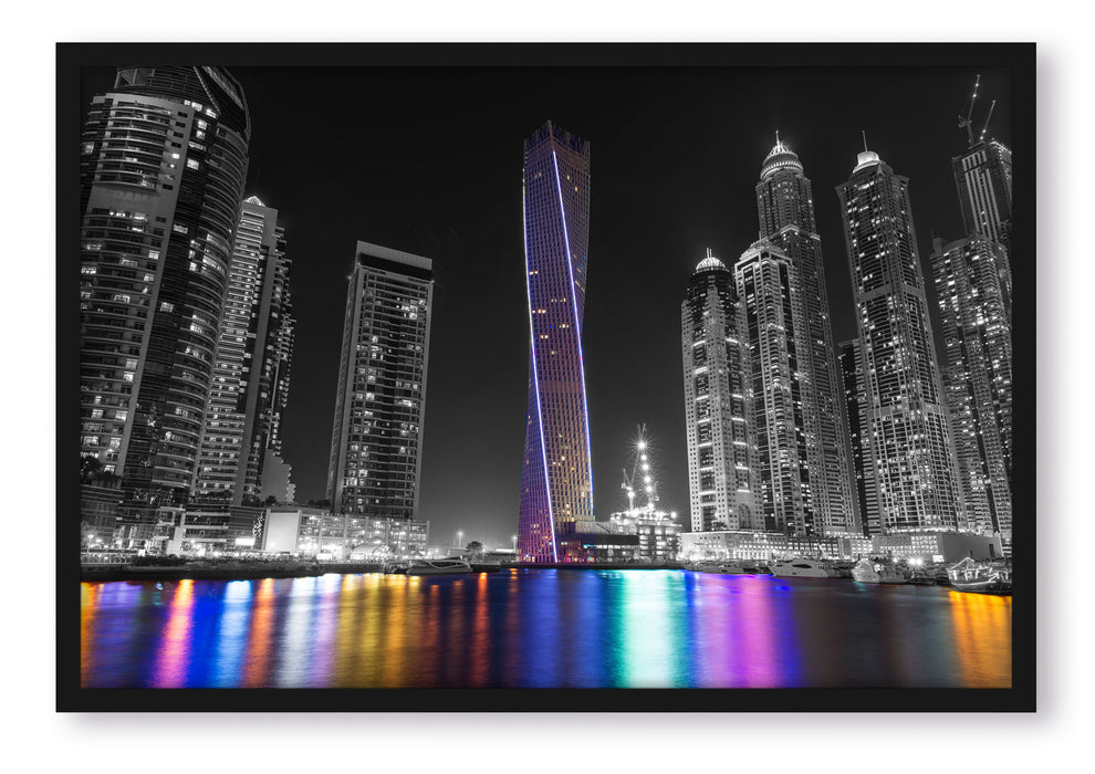 Pixxprint Skyline von Dubai bei Nacht, Poster mit Bilderrahmen
