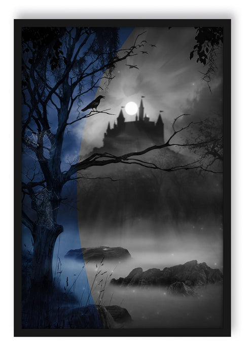 Pixxprint Wald mit Burg bei Nacht, Poster mit Bilderrahmen