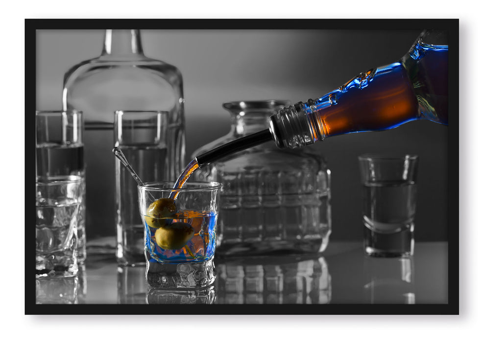 Pixxprint Alkohol Shots mit Oliven, Poster mit Bilderrahmen