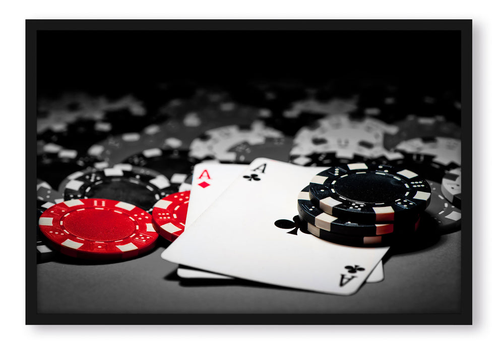 Pixxprint Spielkarten auf Pokertisch, Poster mit Bilderrahmen