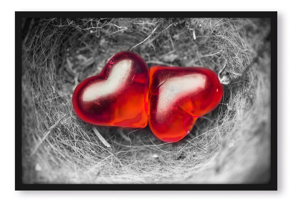 Pixxprint zwei Herzen in kleinem Nest, Poster mit Bilderrahmen