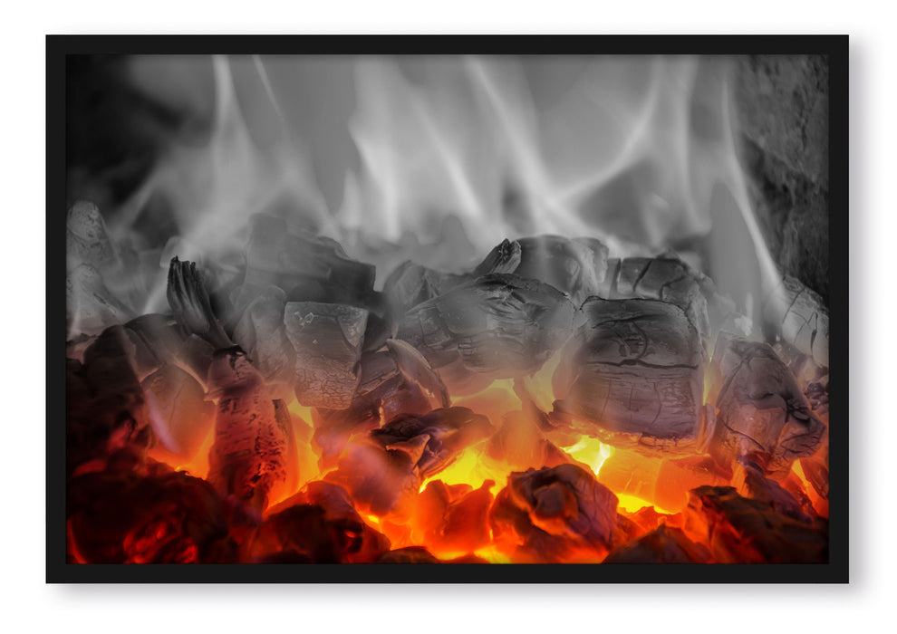 brennende Holzkohle in Kamin, Poster mit Bilderrahmen