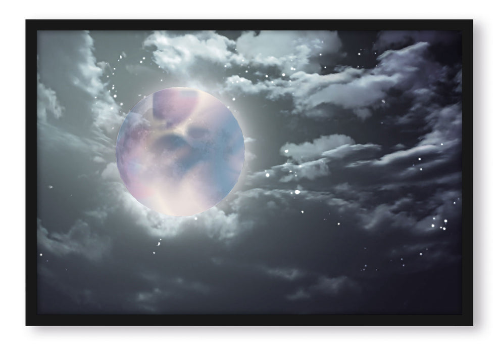 Pixxprint Vollmond Sterne Wolken, Poster mit Bilderrahmen