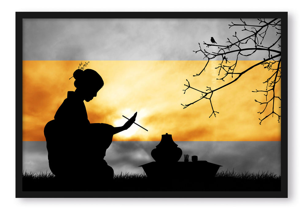 Pixxprint Geisha bei Teezeremonie, Poster mit Bilderrahmen