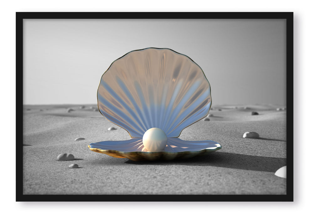 Pixxprint Perlenmuschel am Strand, Poster mit Bilderrahmen
