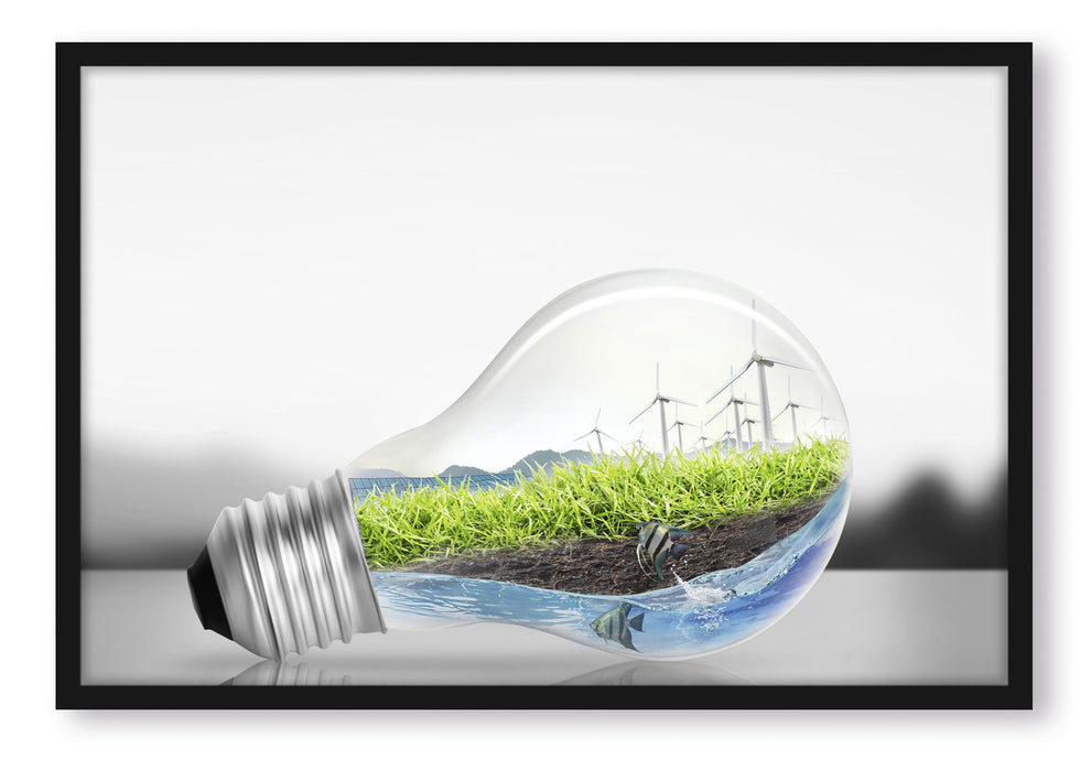 grüne Energie in Glühbirne, Poster mit Bilderrahmen
