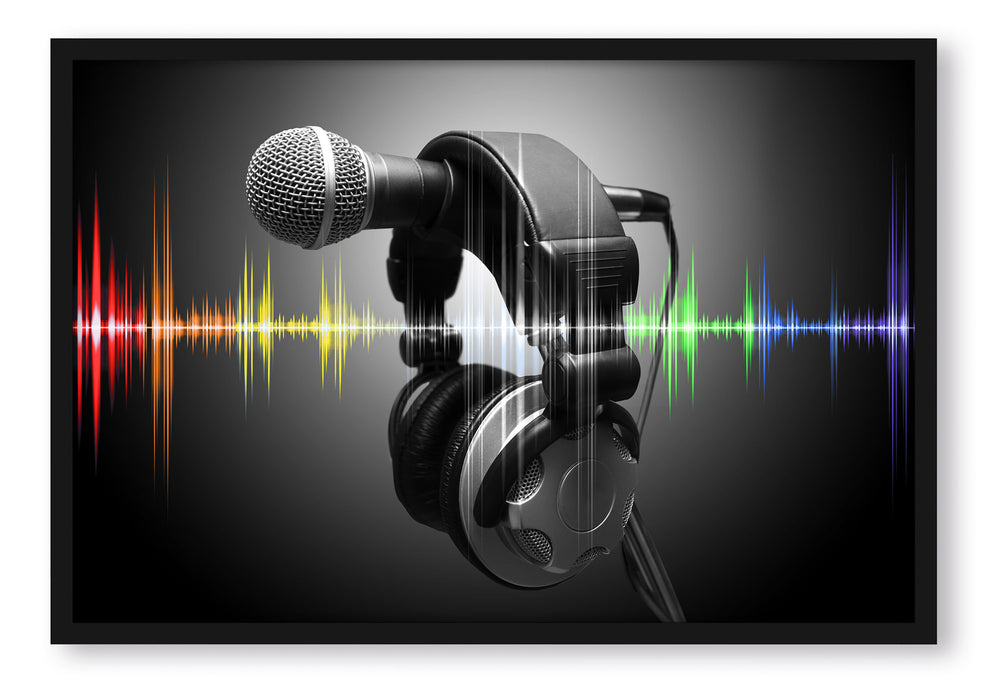 Pixxprint Mikrofon mit Kopfhörern, Poster mit Bilderrahmen