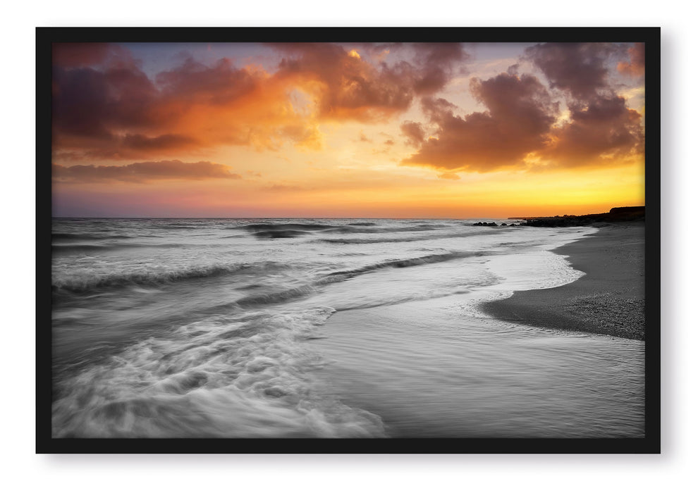 Pixxprint Strand mit Sonnenuntergang, Poster mit Bilderrahmen