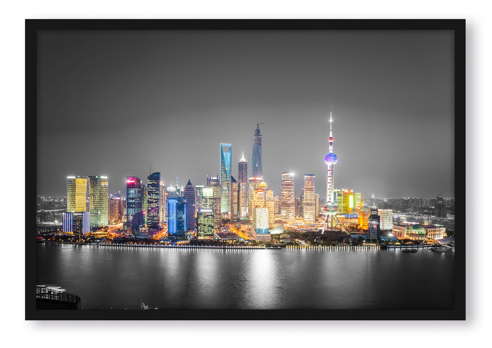 Shanghai Skyline bei Nacht, Poster mit Bilderrahmen