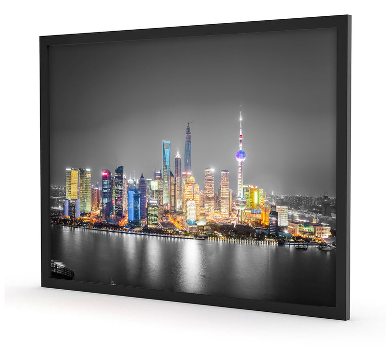 Shanghai Skyline bei Nacht, Poster mit Bilderrahmen