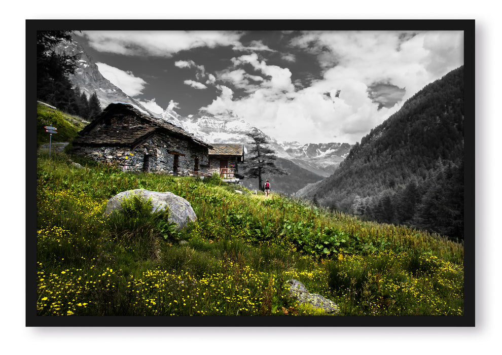 Pixxprint Steinhütte auf Berg, Poster mit Bilderrahmen
