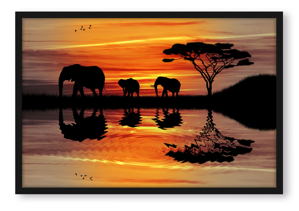 Pixxprint Afrika Elefant in Sonnenschein, Poster mit Bilderrahmen