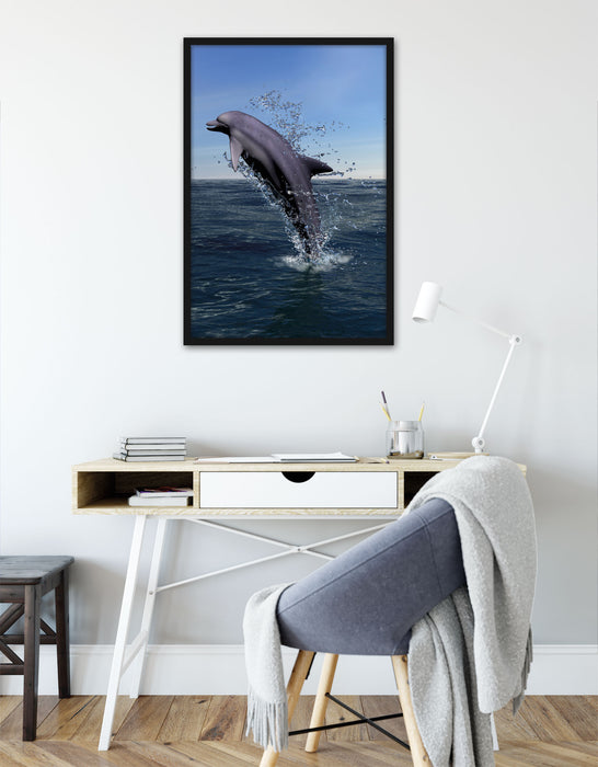 Delphin sprint im Meer, Poster mit Bilderrahmen