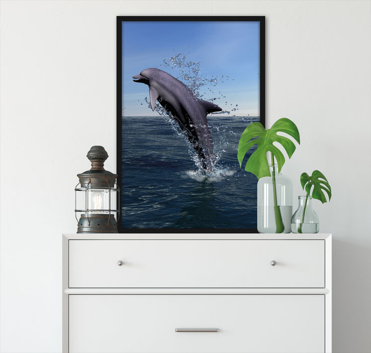 Delphin sprint im Meer, Poster mit Bilderrahmen