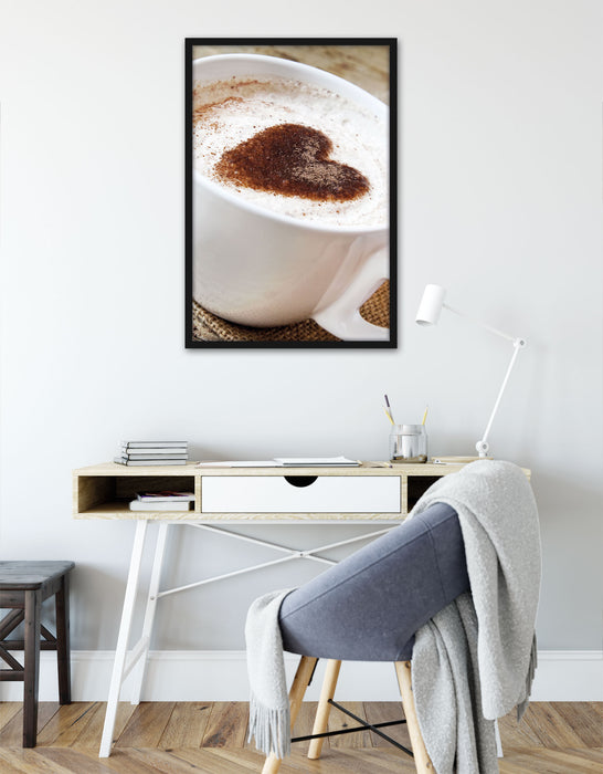 Kaffe mit Herz, Poster mit Bilderrahmen
