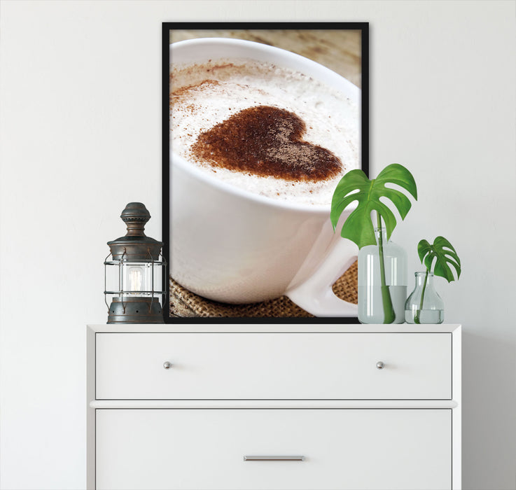 Kaffe mit Herz, Poster mit Bilderrahmen