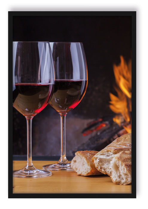 Pixxprint Baguette Wein Picknick, Poster mit Bilderrahmen