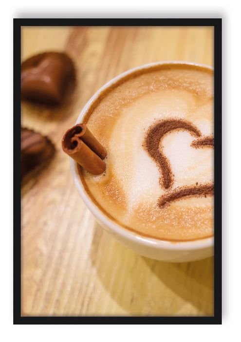 Pixxprint Kaffee Herz aus Schaum Cappucino, Poster mit Bilderrahmen