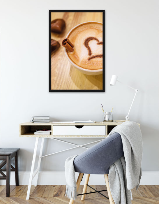 Kaffee Herz aus Schaum Cappucino, Poster mit Bilderrahmen