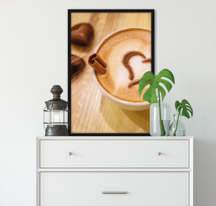 Kaffee Herz aus Schaum Cappucino, Poster mit Bilderrahmen