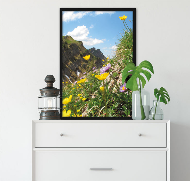 Blumenwiese im Frühling, Poster mit Bilderrahmen