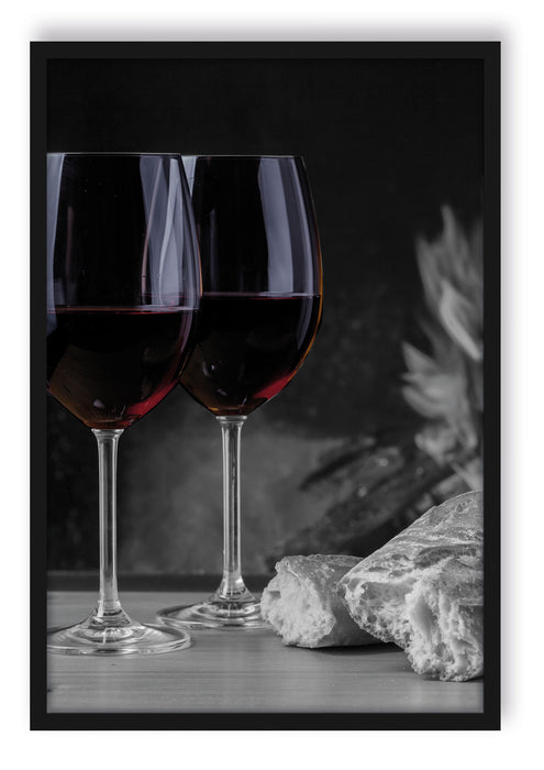 Pixxprint Baguette Vino Wein Alkohol Picknick , Poster mit Bilderrahmen
