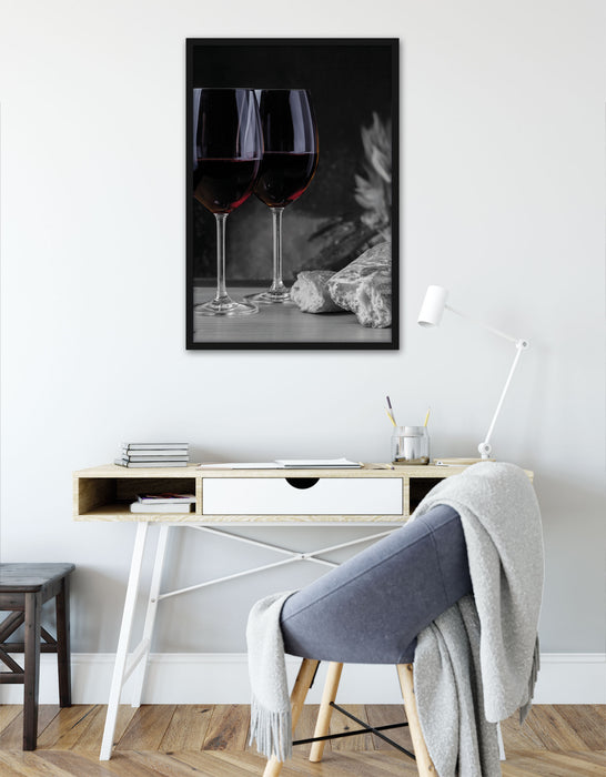 Baguette Vino Wein Alkohol Picknick  , Poster mit Bilderrahmen