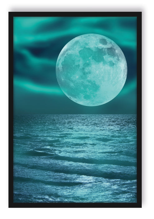 Pixxprint ruhiges Meer mit Vollmond, Poster mit Bilderrahmen