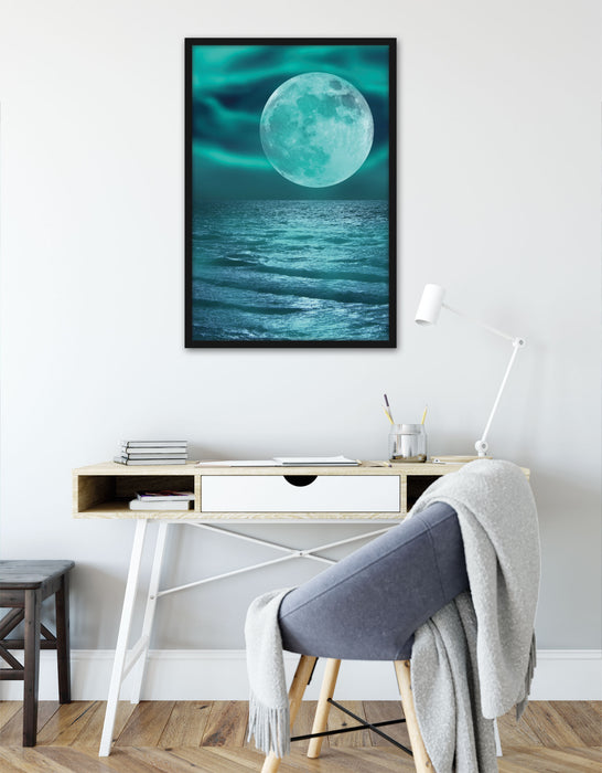 ruhiges Meer mit Vollmond, Poster mit Bilderrahmen