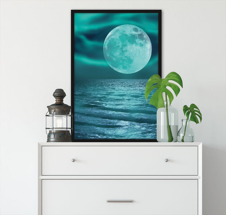 ruhiges Meer mit Vollmond, Poster mit Bilderrahmen