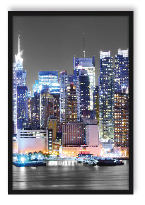 New Yorker Skyline bei Nacht, Poster mit Bilderrahmen