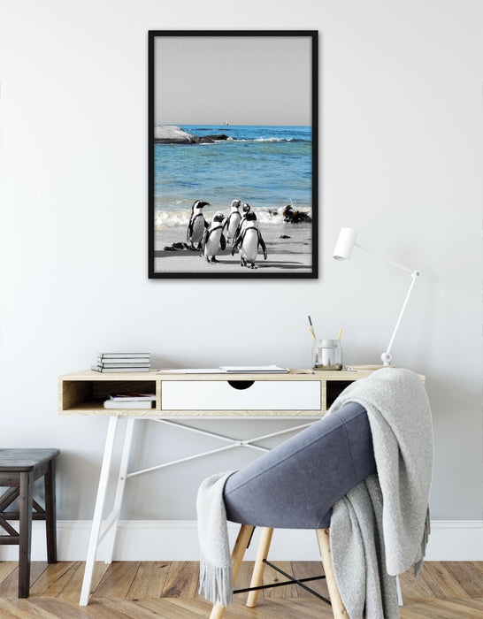 lustige Pinguine am Strand, Poster mit Bilderrahmen