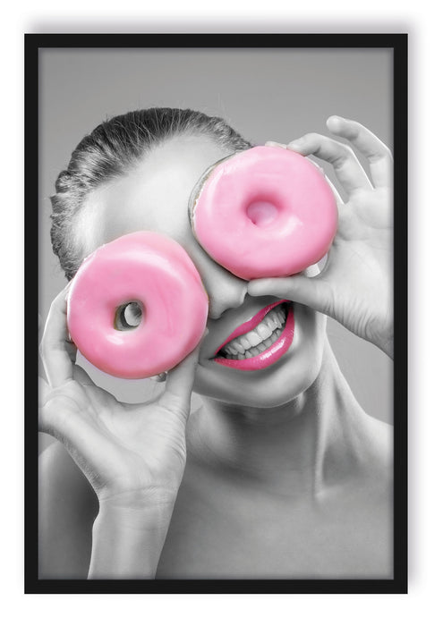 lustige Frau mit rosa Donut Augen, Poster mit Bilderrahmen