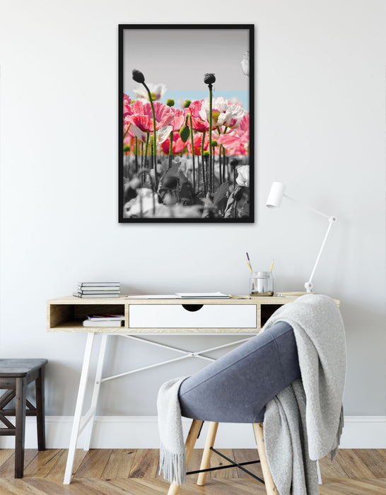 Blumenwiese Mohnblumen schwarz/weiß, Poster mit Bilderrahmen