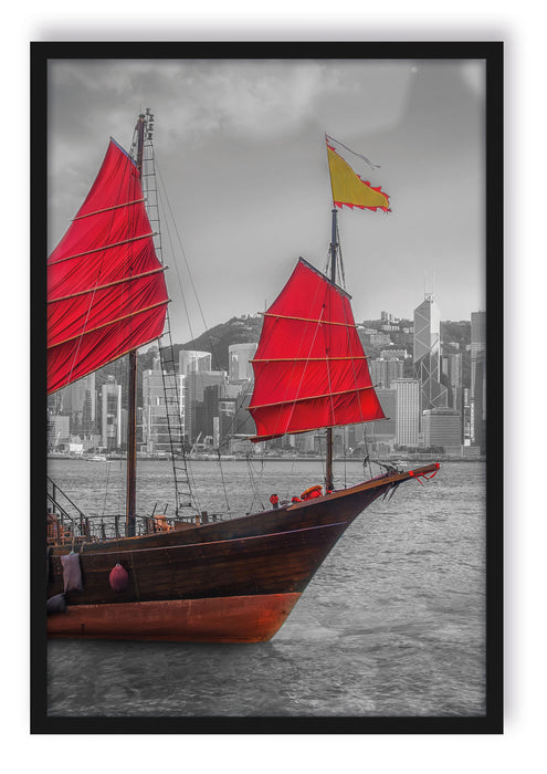 Segelschiff mit roten Segeln, Poster mit Bilderrahmen