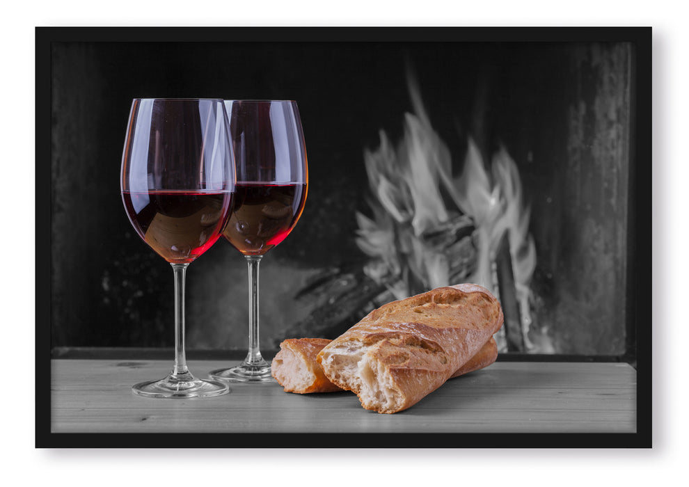 Pixxprint Baguette Wein Picknick, Poster mit Bilderrahmen