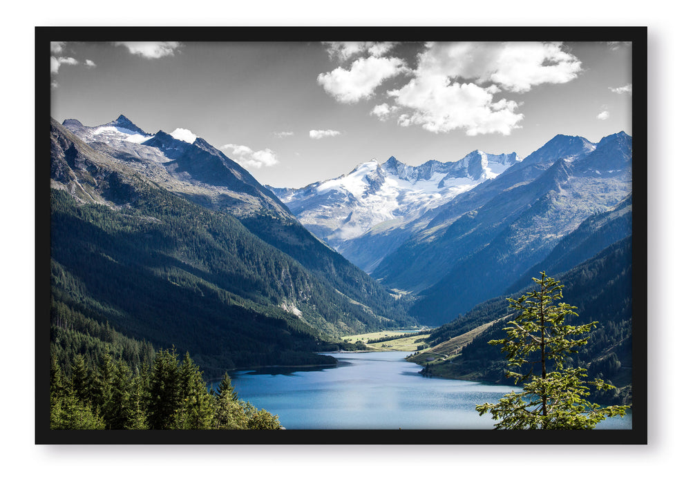 Pixxprint ruhiger See in Berglandschaft, Poster mit Bilderrahmen