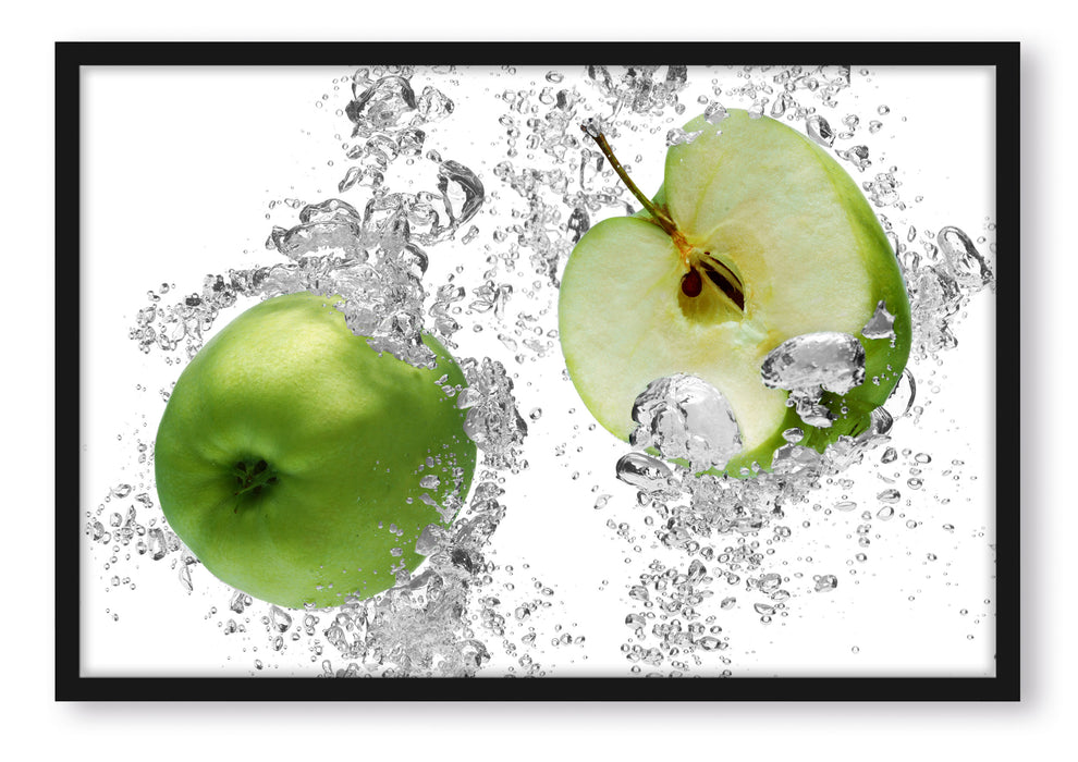 Pixxprint saftig grüne Äpfel im Wasser, Poster mit Bilderrahmen