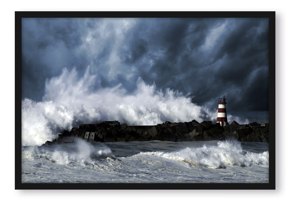 Pixxprint Tobendes Meer mit Leuchtturm, Poster mit Bilderrahmen