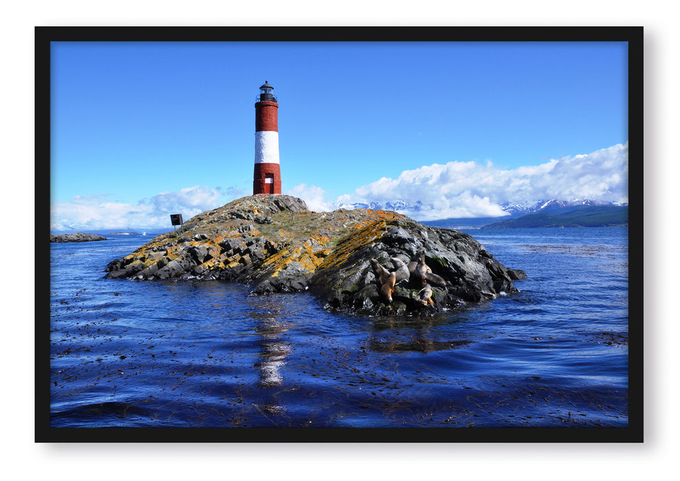 Pixxprint Leuchtturm mit Robben, Poster mit Bilderrahmen