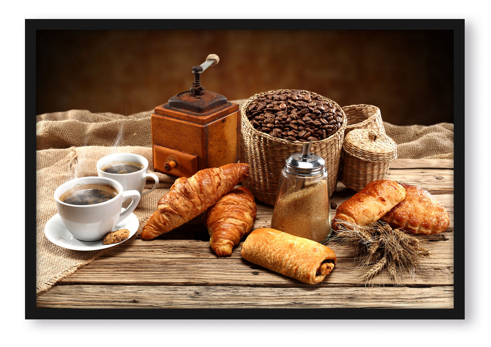 Pixxprint Aromatischer Kaffee mit Croissant, Poster mit Bilderrahmen