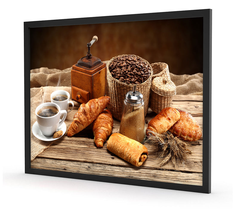 Aromatischer Kaffee mit Croissant, Poster mit Bilderrahmen