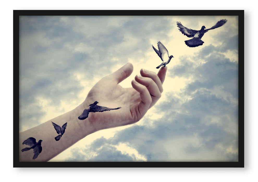 Pixxprint Vögel fliegen in die Freiheit, Poster mit Bilderrahmen
