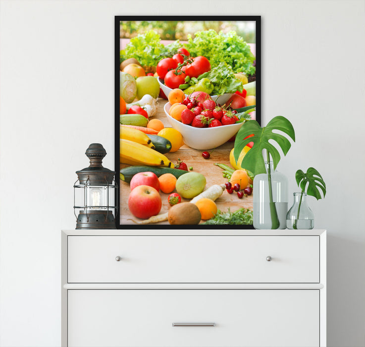 Buntes Obst und Gemüse, Poster mit Bilderrahmen