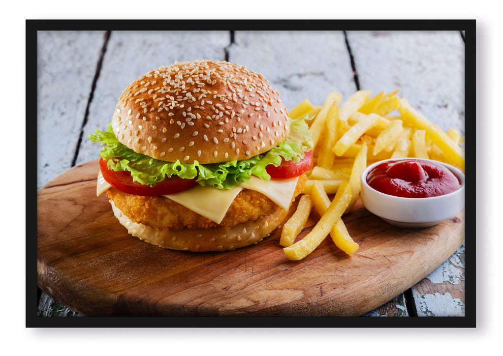 Pixxprint Chickenburger Pommes, Poster mit Bilderrahmen