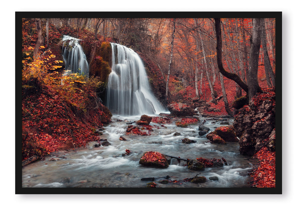 Wasserfall im Wald, Poster mit Bilderrahmen