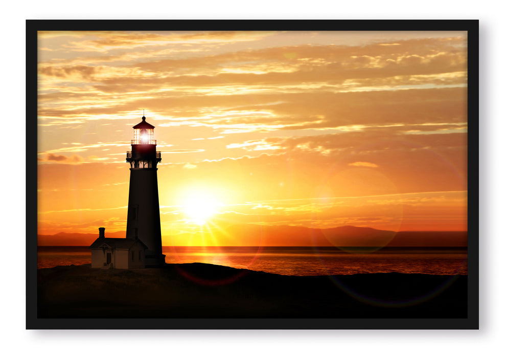 Leuchtturm im Sonnenuntergang, Poster mit Bilderrahmen