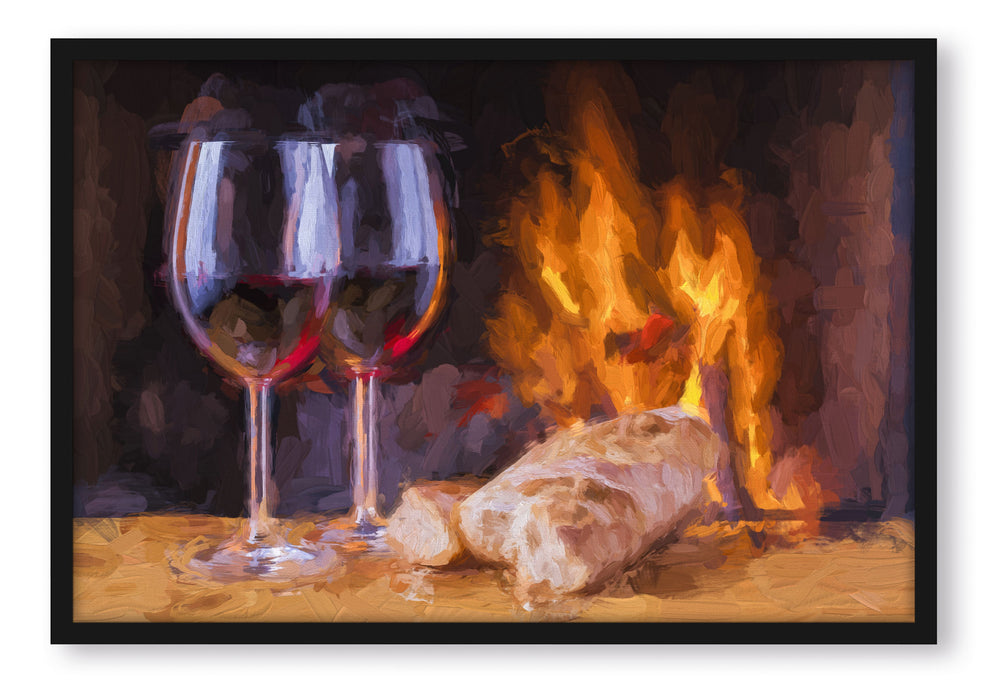 Pixxprint Wein und Baguette am Kamin, Poster mit Bilderrahmen