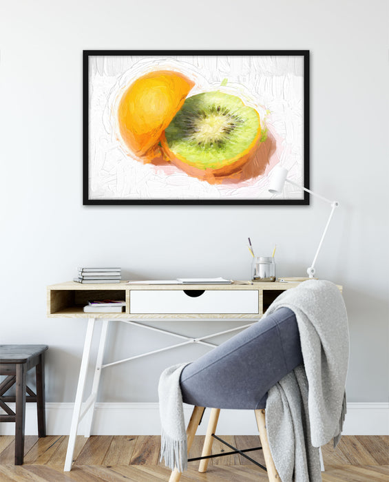 Orange-Kiwi-Frucht, Poster mit Bilderrahmen