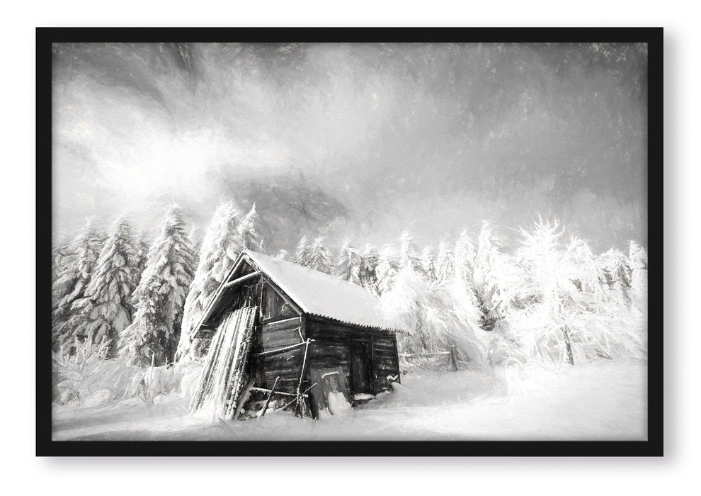 Pixxprint Holzhütte im Schnee, Poster mit Bilderrahmen